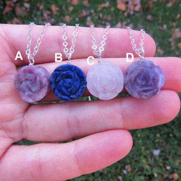 Carved Crystal Flower Necklace | Rose Stone Necklace