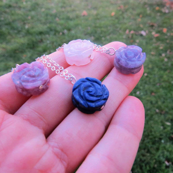Carved Crystal Flower Necklace | Rose Stone Necklace