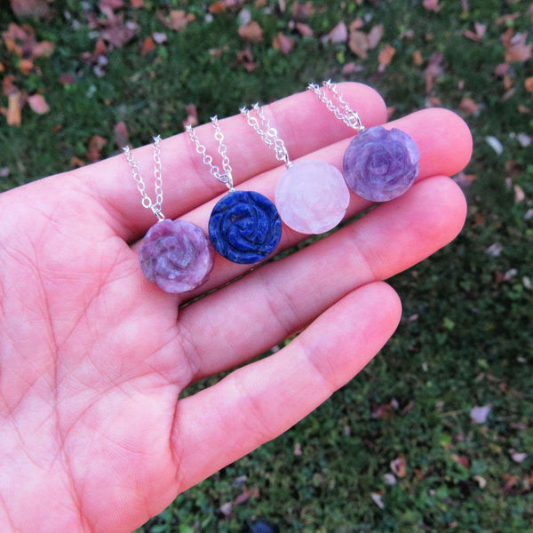 Carved Crystal Flower Necklace | Rose Stone Necklace