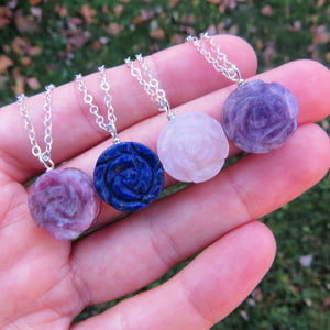 Carved Crystal Flower Necklace - Carved  Rose Stone