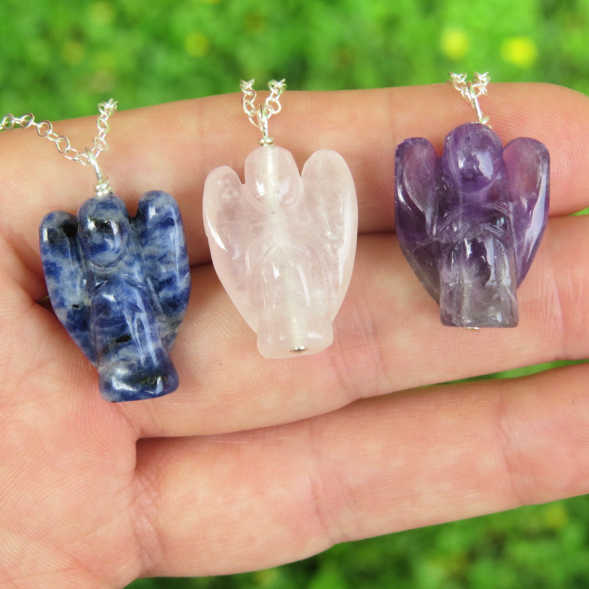 Small Crystal Angel Necklace - Sodalte, Rose Quartz, and Amethyst Angels