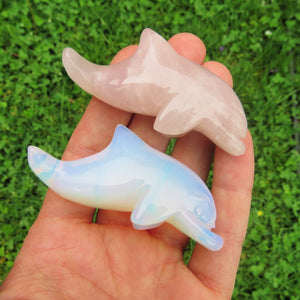 Carved Stone Dolphin Crystal Figurine - Pink Rose Quartz & Opalite Crystal Animal
