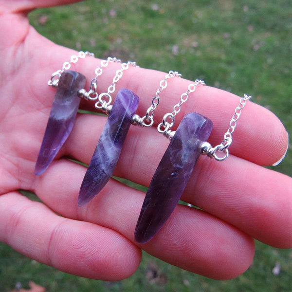 Chevron Amethyst Crystal Point Necklace Sterling Silver