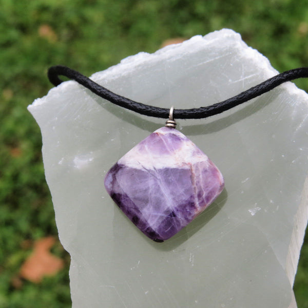 Chevron Amethyst Necklace - Black Cord Crystal Necklace for Men - Purple Stone