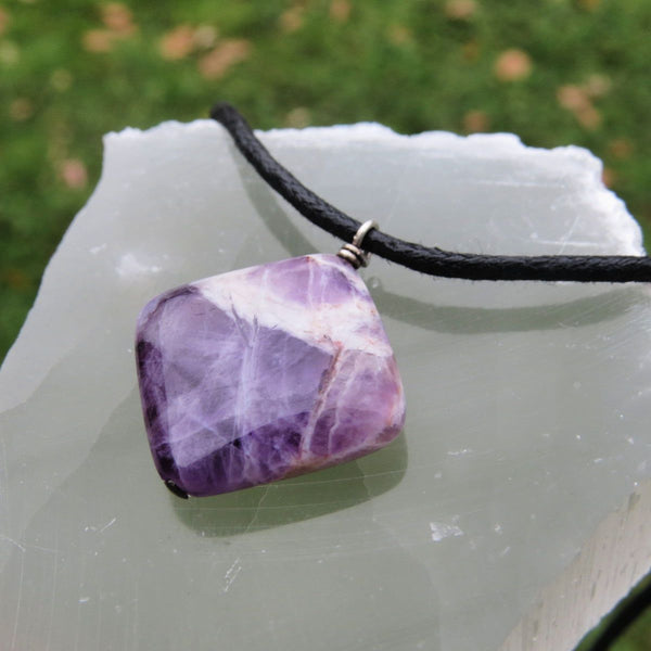 Chevron Amethyst Necklace on Black Cord - Purple Stone