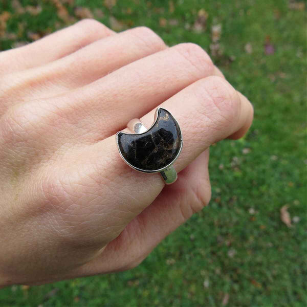 Copper Obsidian Moon Ring Sterling Silver