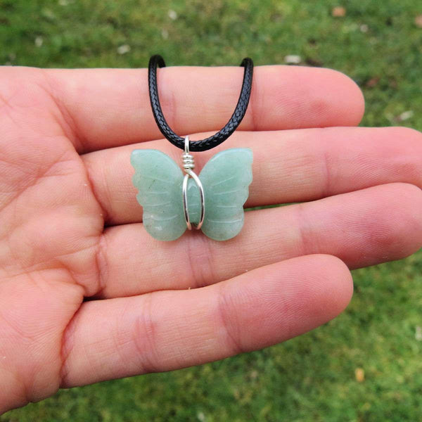 Wire Wrapped Crystal Butterfly Necklace | Mini Carved Stone Butterfly Animal