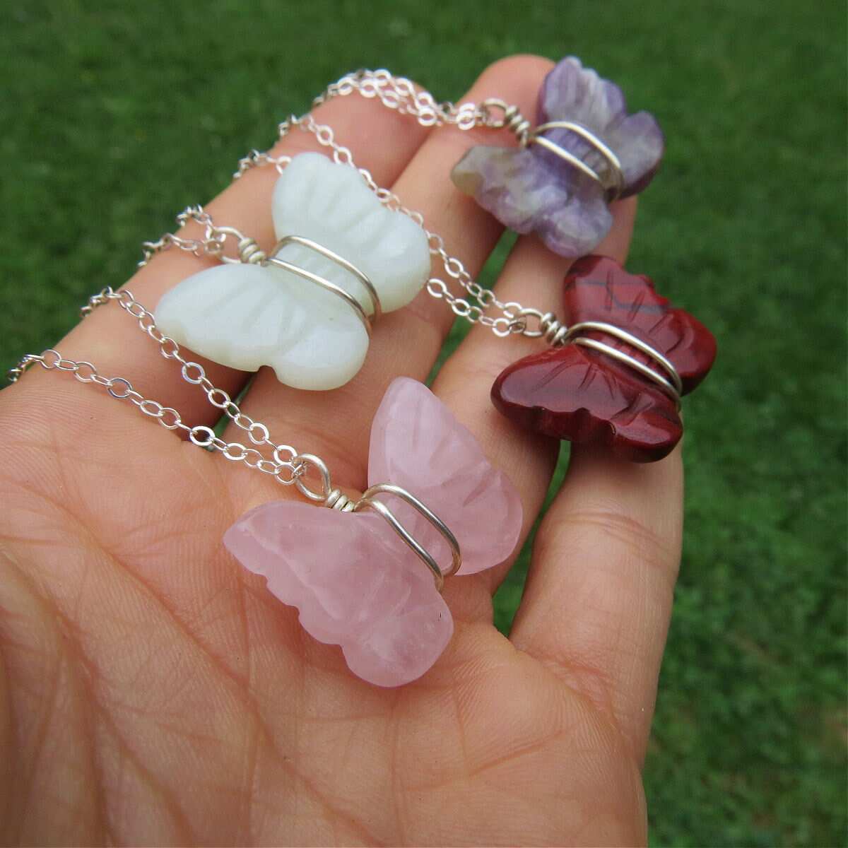 Butterfly Heart Birthstone Jewelry Set - 925 Sterling Silver Necklace/Earrings/Ring/Bracelet With Created Garnet - View #3