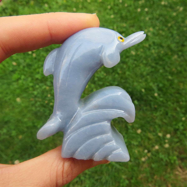 Carved Crystal Dolphin Figurine in Blue Angelite Stone