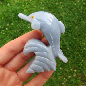 Crystal Dolphin Carving - Angelite Dolphin & Wave Carving