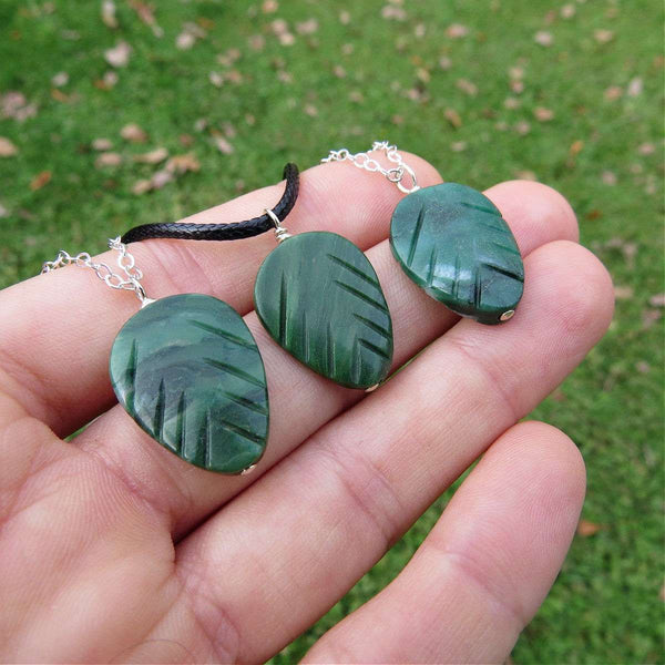 Crystal Leaf Necklace - Green Verdite Stone Leaf