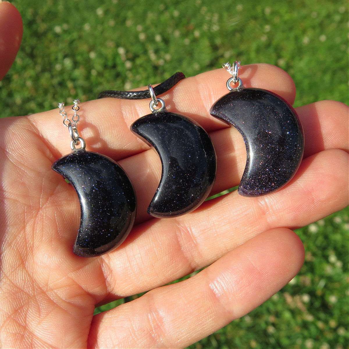 Sparkling Blue Goldstone Crystal Moon Necklace