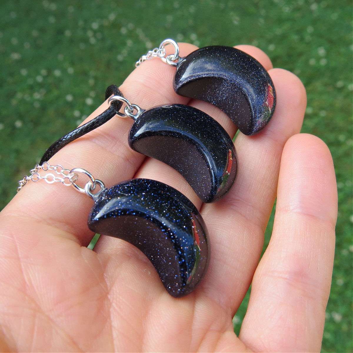 Blue Goldstone Crystal Moon Necklace