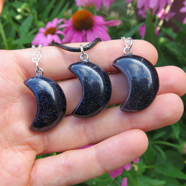 Blue Goldstone Crystal Moon Necklace
