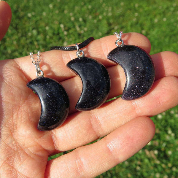 Sparkling Blue Goldstone Crystal Moon Necklace