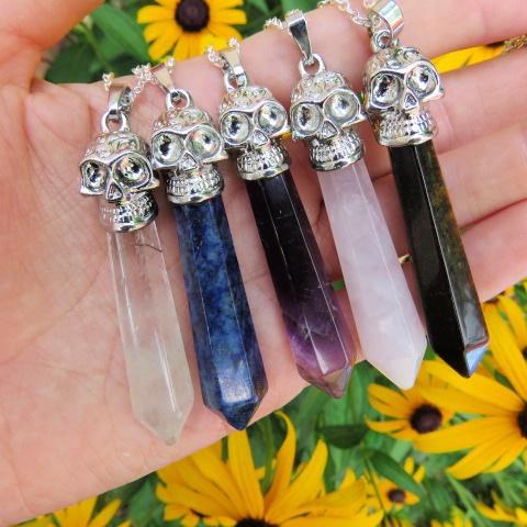 Skull Crystal Necklace - Clear Quartz, Lapis Lazuli, Amethyst, Rose Quartz, Tigers Eye