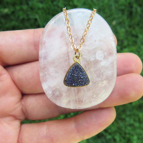 Dark Blue Druzy Necklace - Druzy Quartz Crystal Necklace