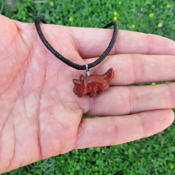 Triceratops Crystal  Dinosaur Necklace - Carved Red Jasper Stone Animal Necklace