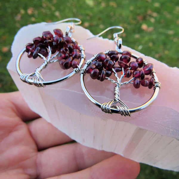 Red Garnet Crystal Tree of Life Earrings in Silver
