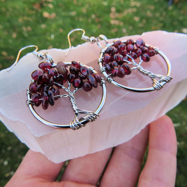 Red Garnet Crystal Tree of Life Earrings in Silver