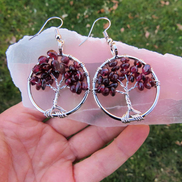 Red Garnet Crystal Tree of Life Earrings in Silver