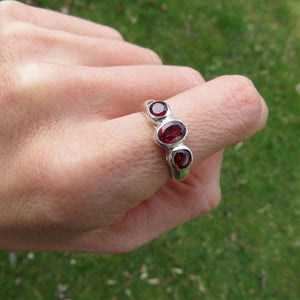 Red Garnet Ring Sterling Silver - 3 Stone Ring