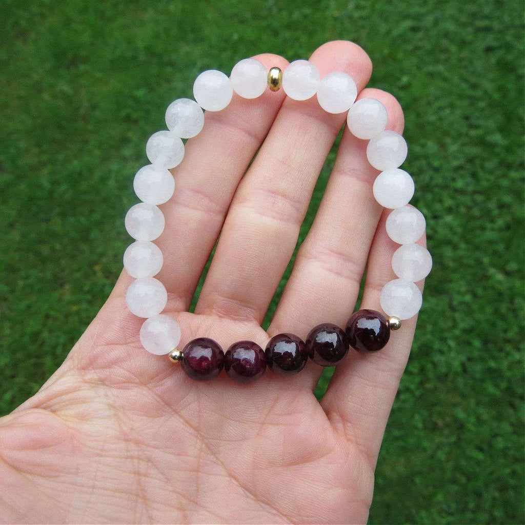 Garnet and White Jade Crystal Bracelet - January Birthstone Bracelet