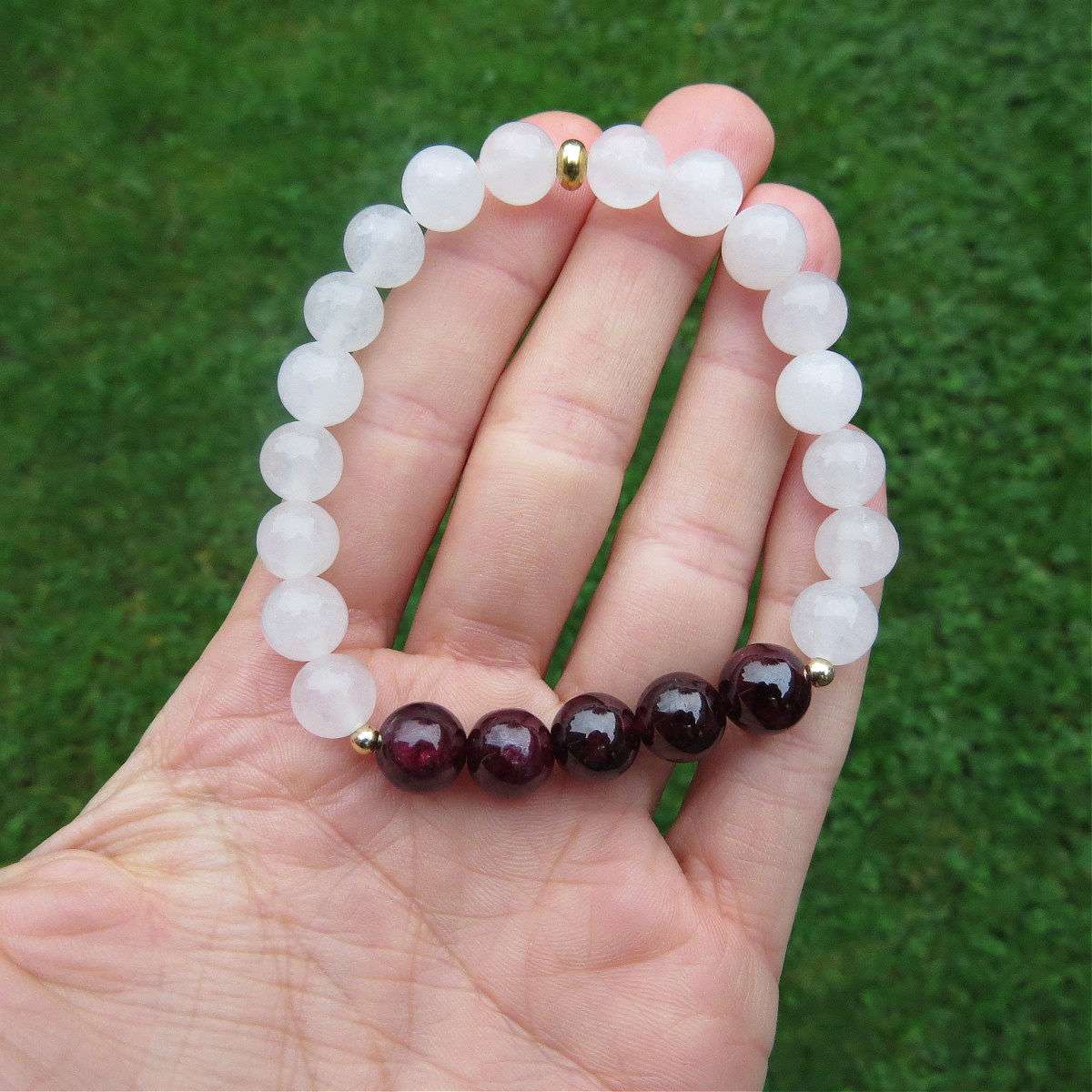 Garnet and White Jade Crystal Bracelet - January Birthstone Bracelet