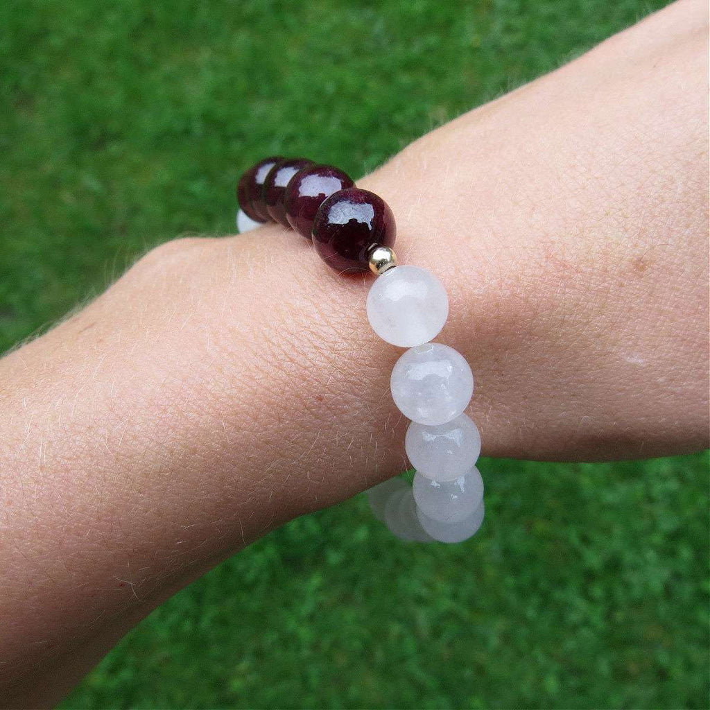 Red Garnet Bracelet w/ White Jade Stone Beaded Crystal Bracelet