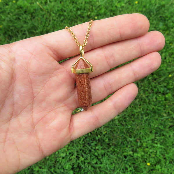 Goldstone Crystal Point Necklace in Gold