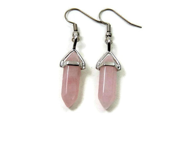 Small Rose Quartz Crystal Point Earrings - Front