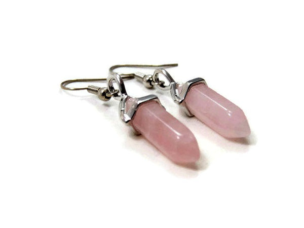 Small Rose Quartz Crystal Point Earrings - Side