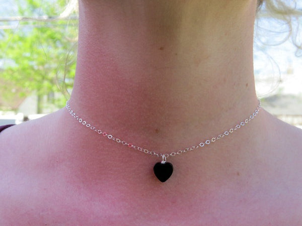 Black Onyx Heart Stone Necklace Crystal Choker - On Model