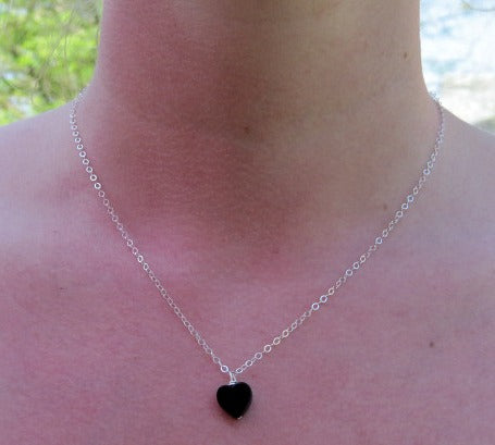 Black Heart Onyx Necklace w/ Crystal Stone Pendant - On Model