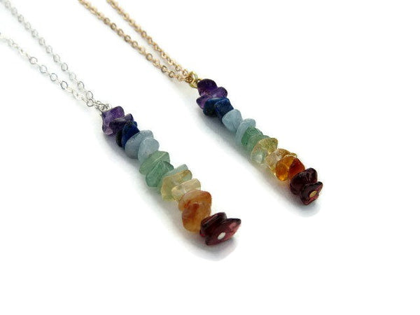 Crystal 7 Chakra Necklace with Stone Chip Beads - Side