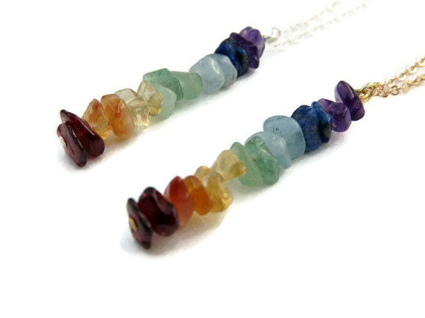 Crystal 7 Chakra Necklace with Stone Chip Beads - Side View