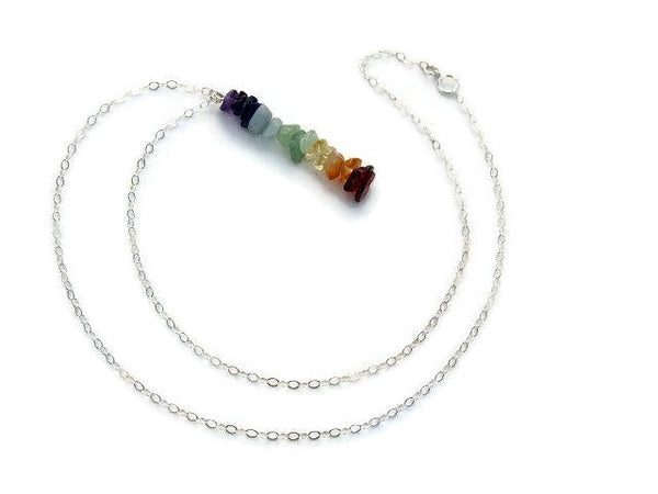 Crystal 7 Chakra Necklace with Stone Chip Beads - Pendant and Chain