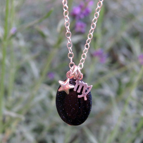 Crystal Zodiac Sign Necklace w/ Charm & Blue Goldstone