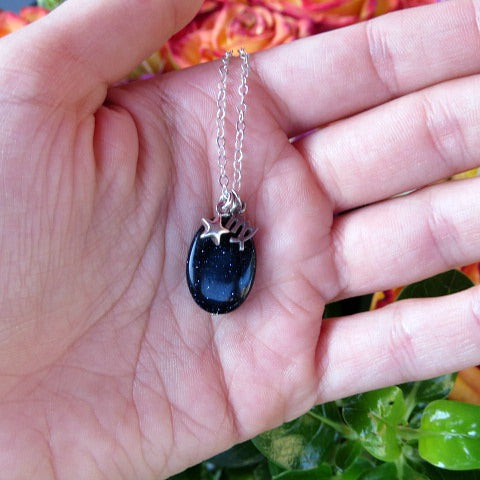 Crystal Zodiac Sign Necklace w/ Charm & Blue Goldstone - Size Reference