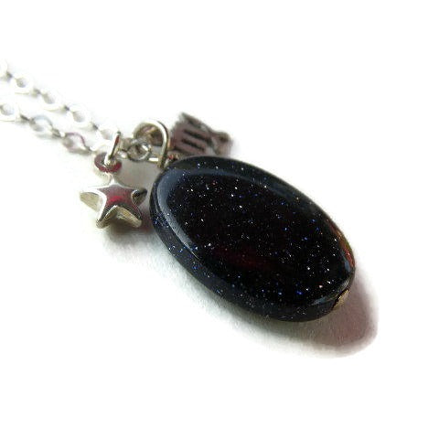 Crystal Zodiac Sign Necklace w/ Astrology Charm & Blue Goldstone