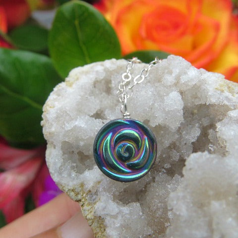Hematite Crystal Rainbow Rose Necklace - Carved Stone Flower