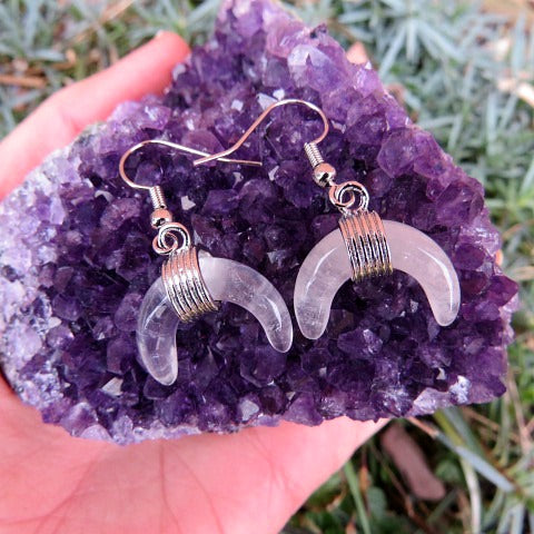 Clear Quartz Crystal Crescent Moon Earrings