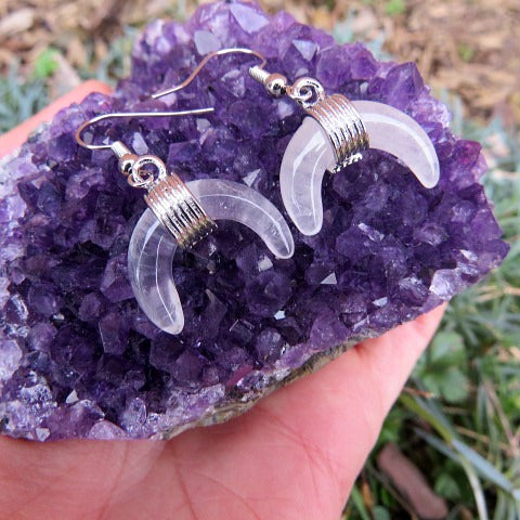 Clear Quartz Crystal Crescent Moon Earrings - Half Moon Stone Earrings