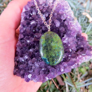 Green Stone Chrysocolla Necklace - Large Oval Stone Pendant