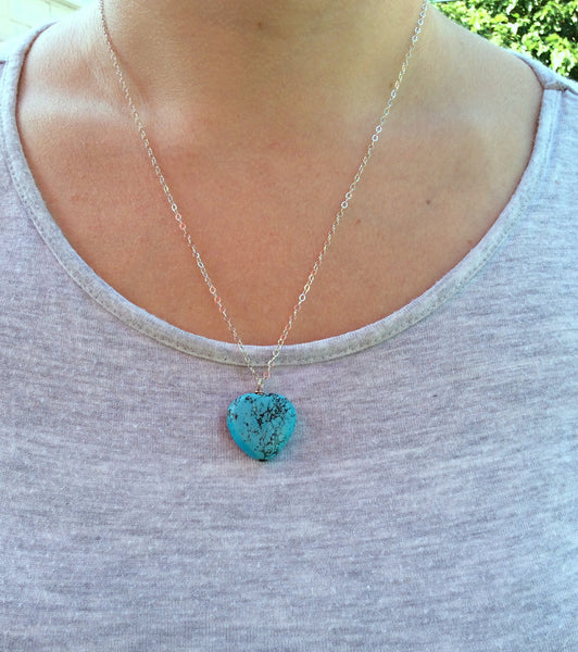 Turquoise Blue Howlite Heart Stone Necklace