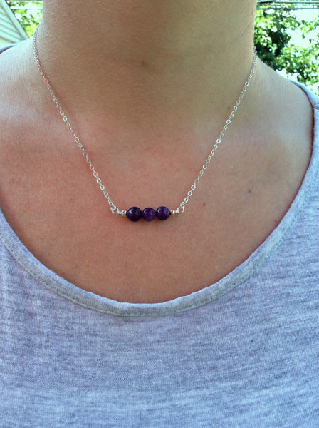 3 Stone beaded Amethyst Crystal Necklace