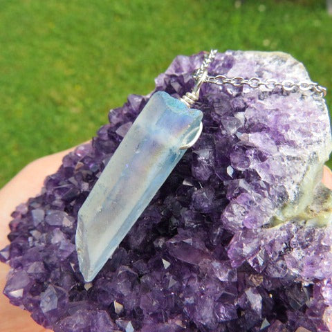 Blue Aura Quartz Point Crystal Necklace - Side 2