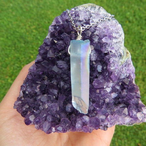Blue Aura Quartz Point Crystal Necklace