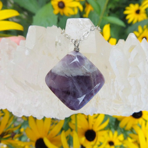 Chevron Amethyst Crystal Necklace - Diamond Shaped Stone