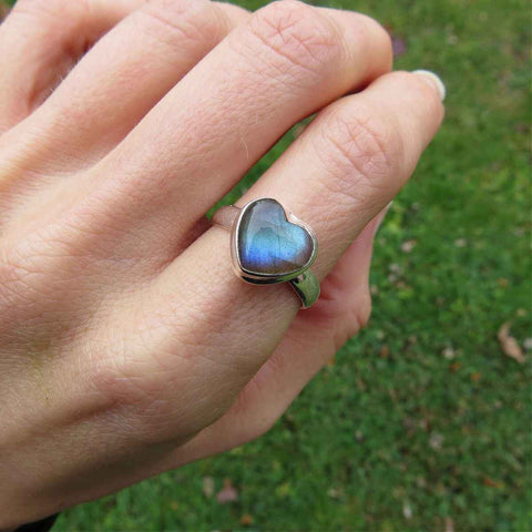 Blue Labradorite Stone Heart Ring in Sterling Silver